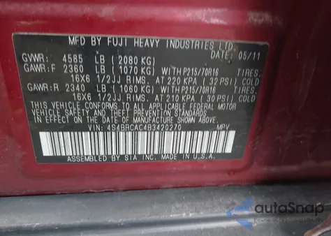 2011 Subaru Outback 2.5I из США, поврежденный, VIN 4S4BRCAC4B3420270